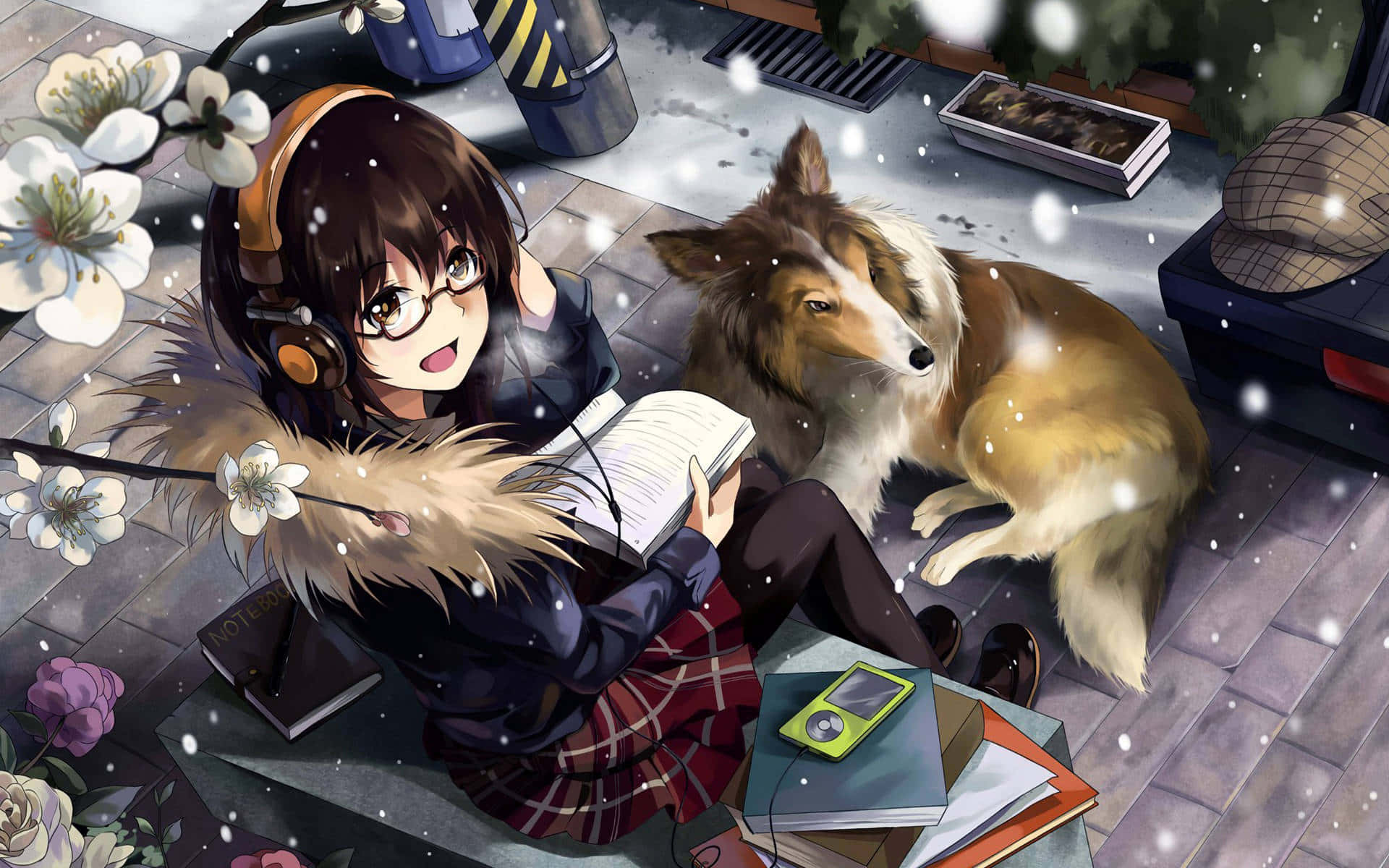 動漫狗 桌布 壁紙 — 一個戴著耳機的開朗動漫女孩在瓷磚露台上，旁邊有一隻毛茸茸的狗，雪花在他們周圍飄落，她正在看書。