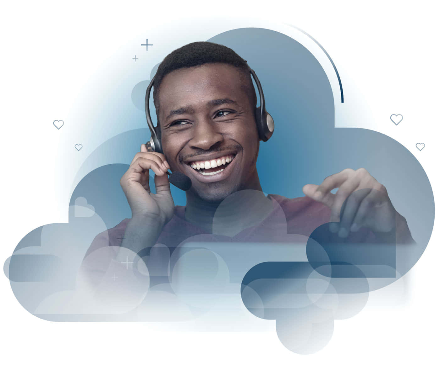 Customer Service 桌布 壁紙 — 一個戴著耳機的開朗男子，在柔和的藍色雲朵圖案和漂浮的心形包圍下，露出燦爛的笑容。
