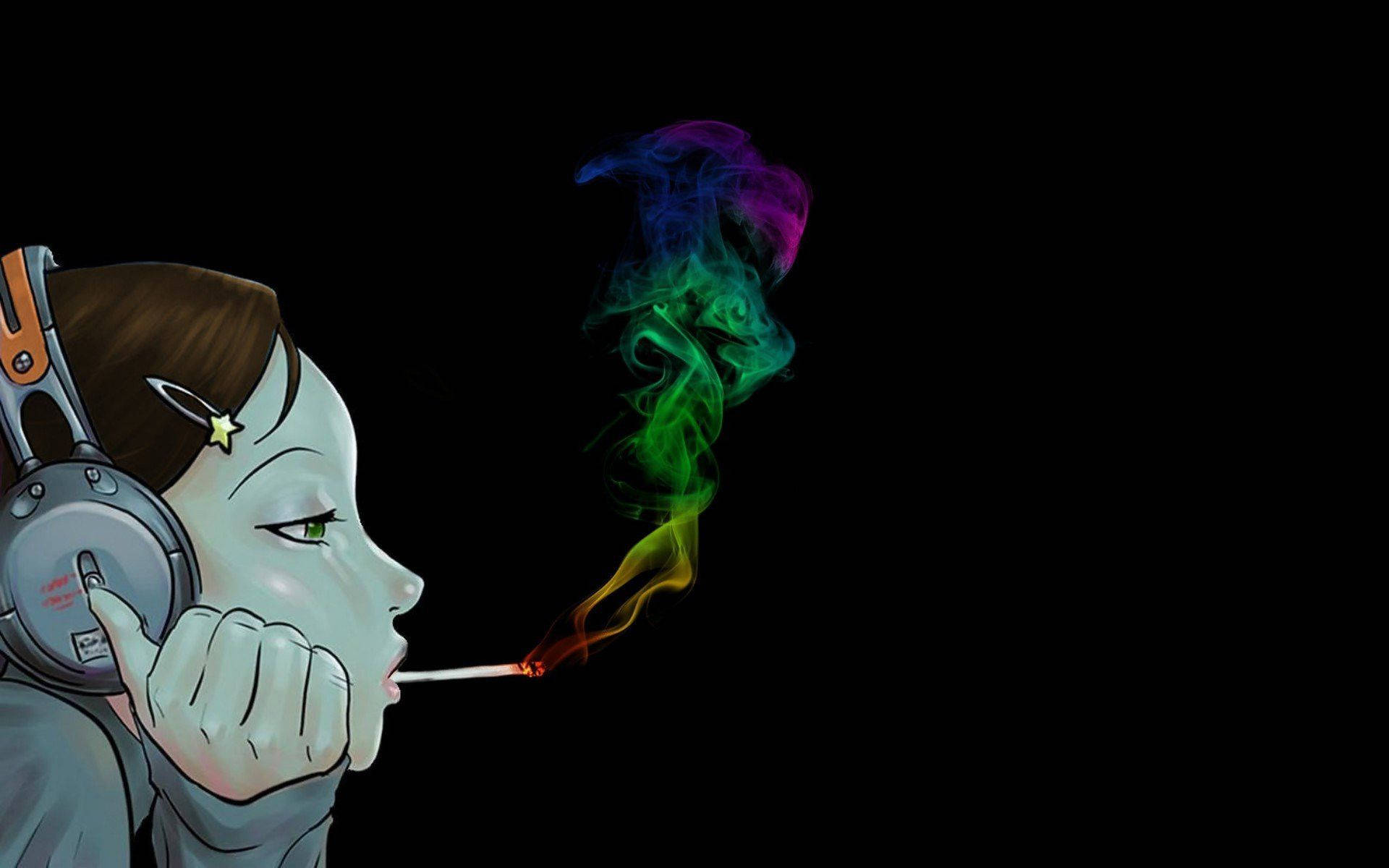 Rick And Morty Weed 桌布 壁紙 — 一個戴著耳機的風格化動漫女孩，在黑色背景上呼出彩虹色的煙霧。