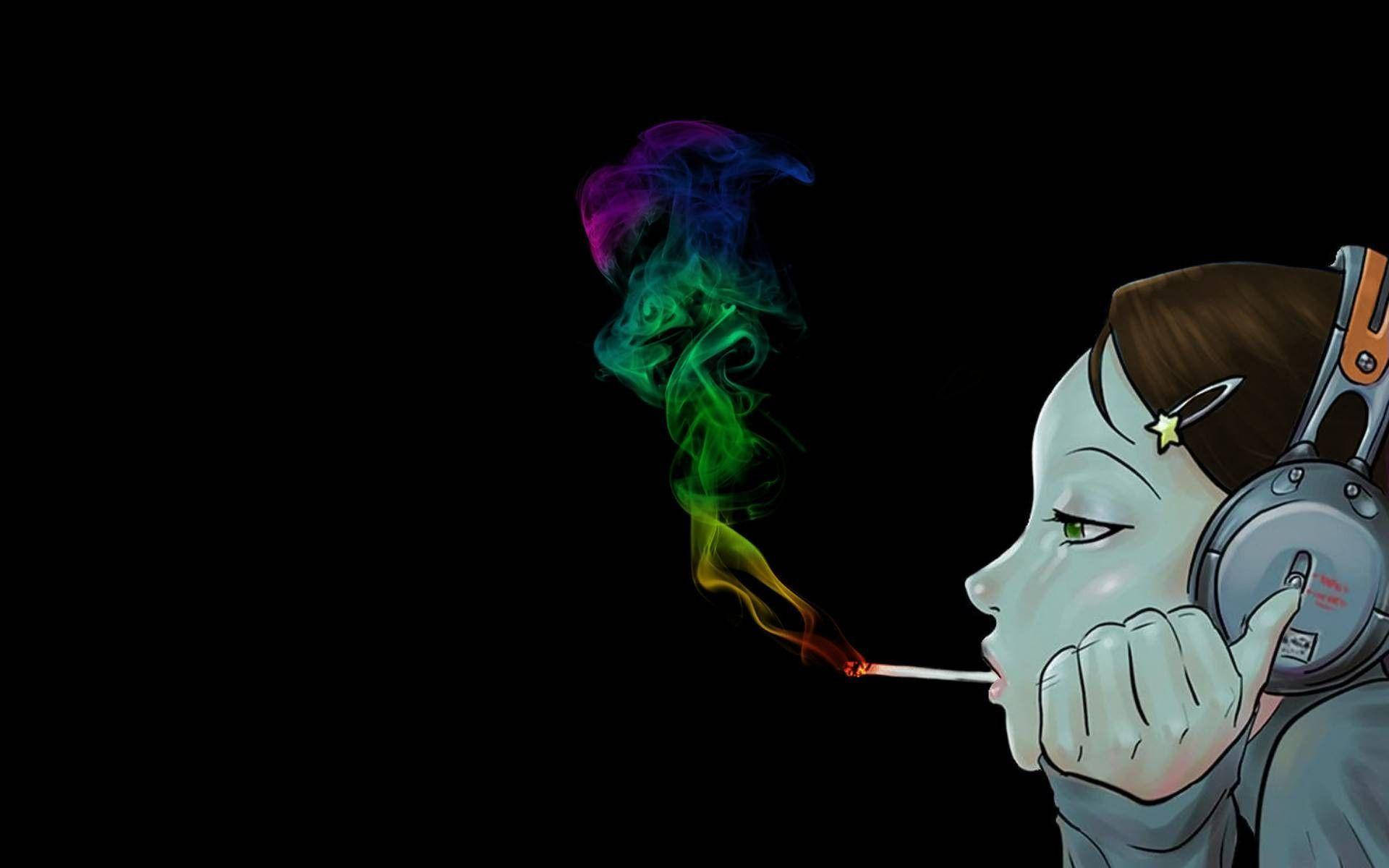藝術 桌布 壁紙 — 一個戴著耳機的風格化女孩在黑色背景上呼出彩虹色的煙霧。