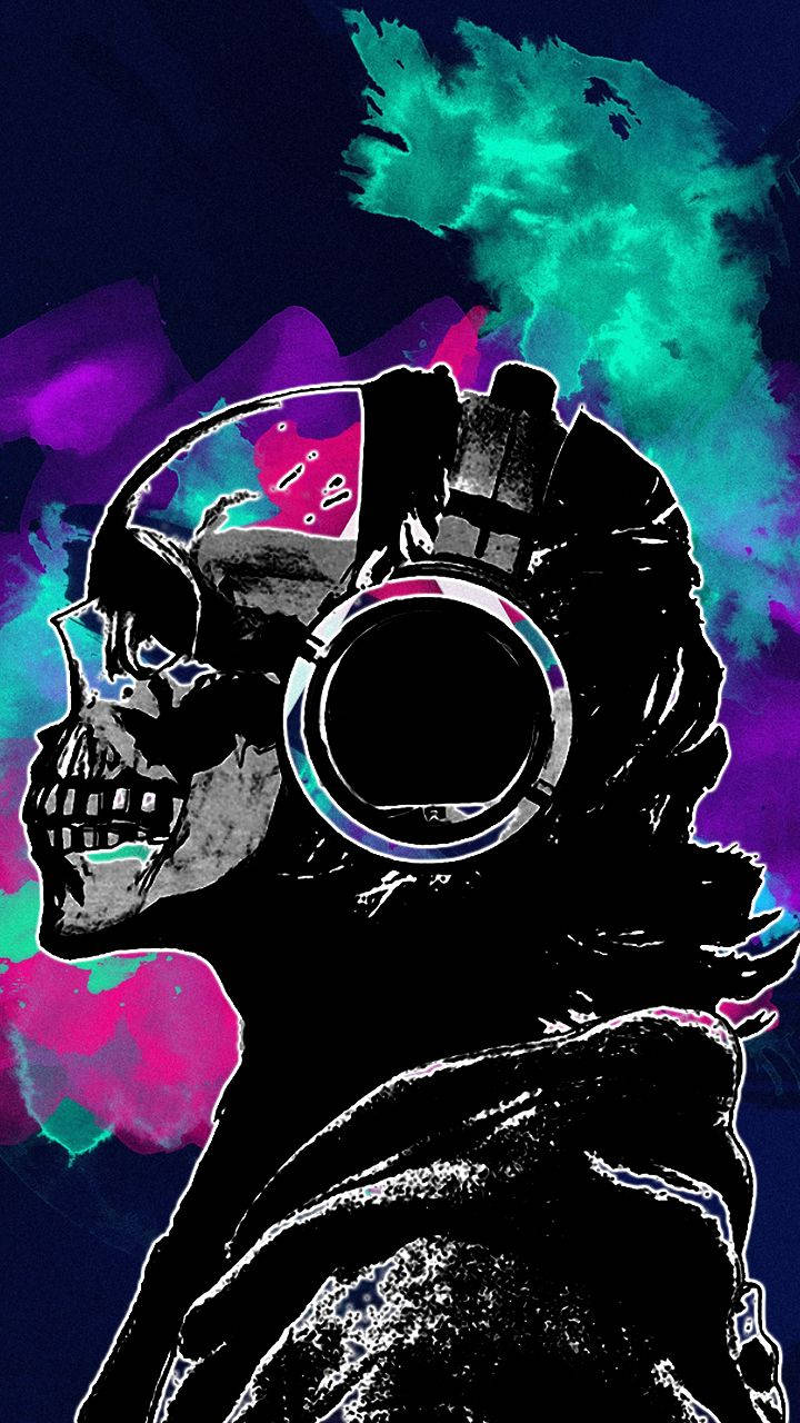 Skull Phone 桌布 壁紙 — 一個戴著耳機的風格化頭骨，背景是充滿活力的青綠、紫色和粉紅色霓虹潑濺。