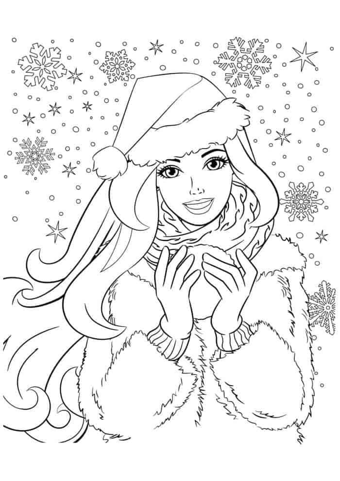 Christmas Coloring 桌布 壁紙 — 一個戴著聖誕帽、穿著冬季外套的快樂女孩雙手合十，雪花和星星在她周圍飄落。