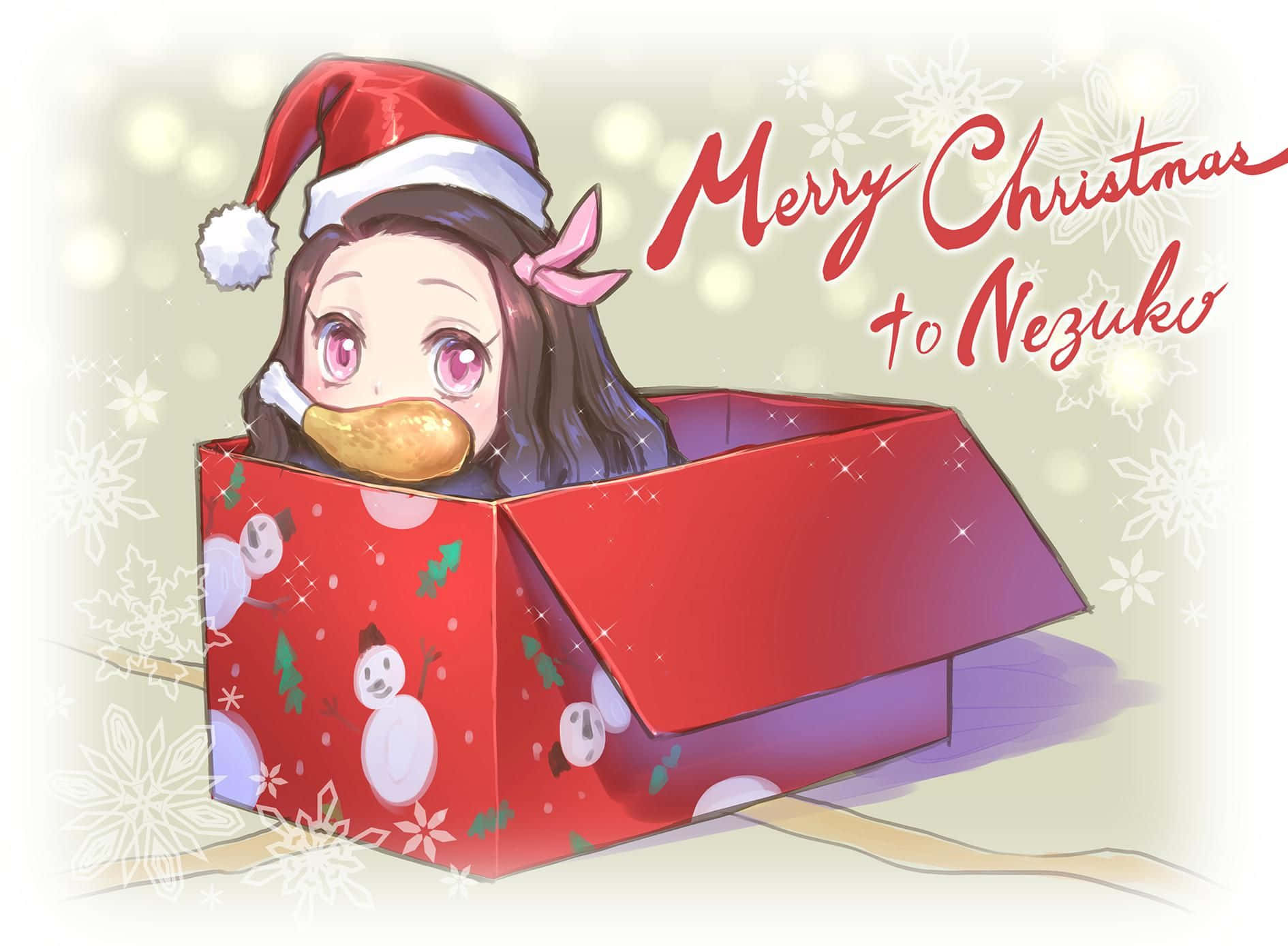 Anime Christmas 桌布 壁紙 — 一個戴著聖誕帽的可愛動漫女孩從紅色聖誕禮物盒中探出頭來，拿著一塊有雪人包裝的節日餅乾。