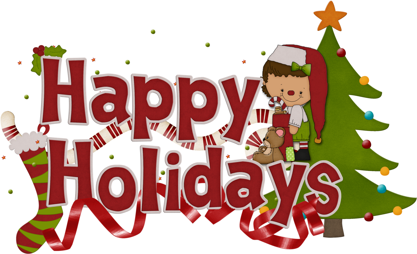 Christmas Clip Art 桌布 壁紙 — 一個戴著聖誕帽的快樂卡通女孩，在裝飾好的聖誕樹旁抱著一隻泰迪熊，並有粗體紅色字寫著「節日快樂」。