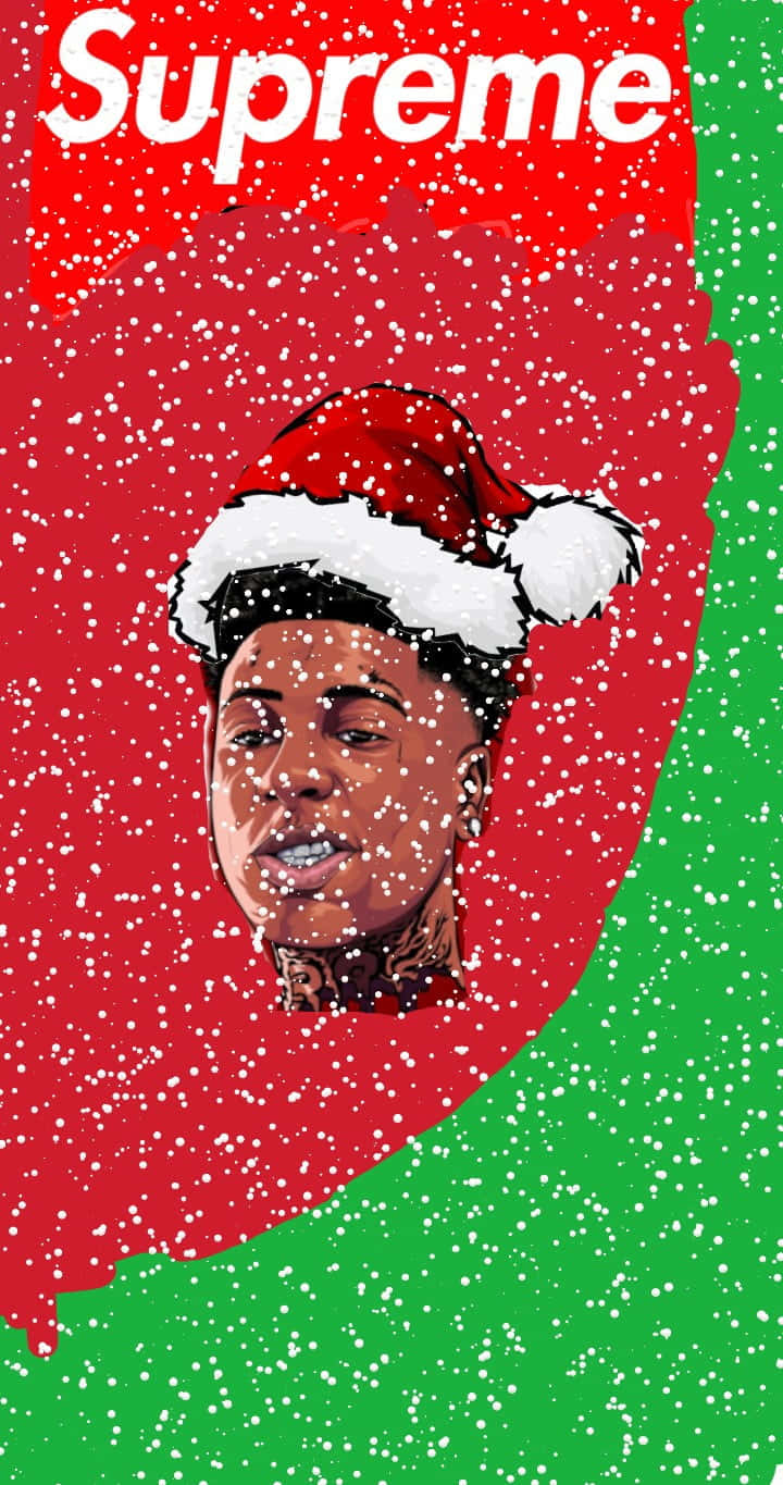 NBA聖誕節 桌布 壁紙 — 一個戴著聖誕帽的男人風格化肖像，背景是紅色和綠色的雪景，帶有'Supreme'文字。