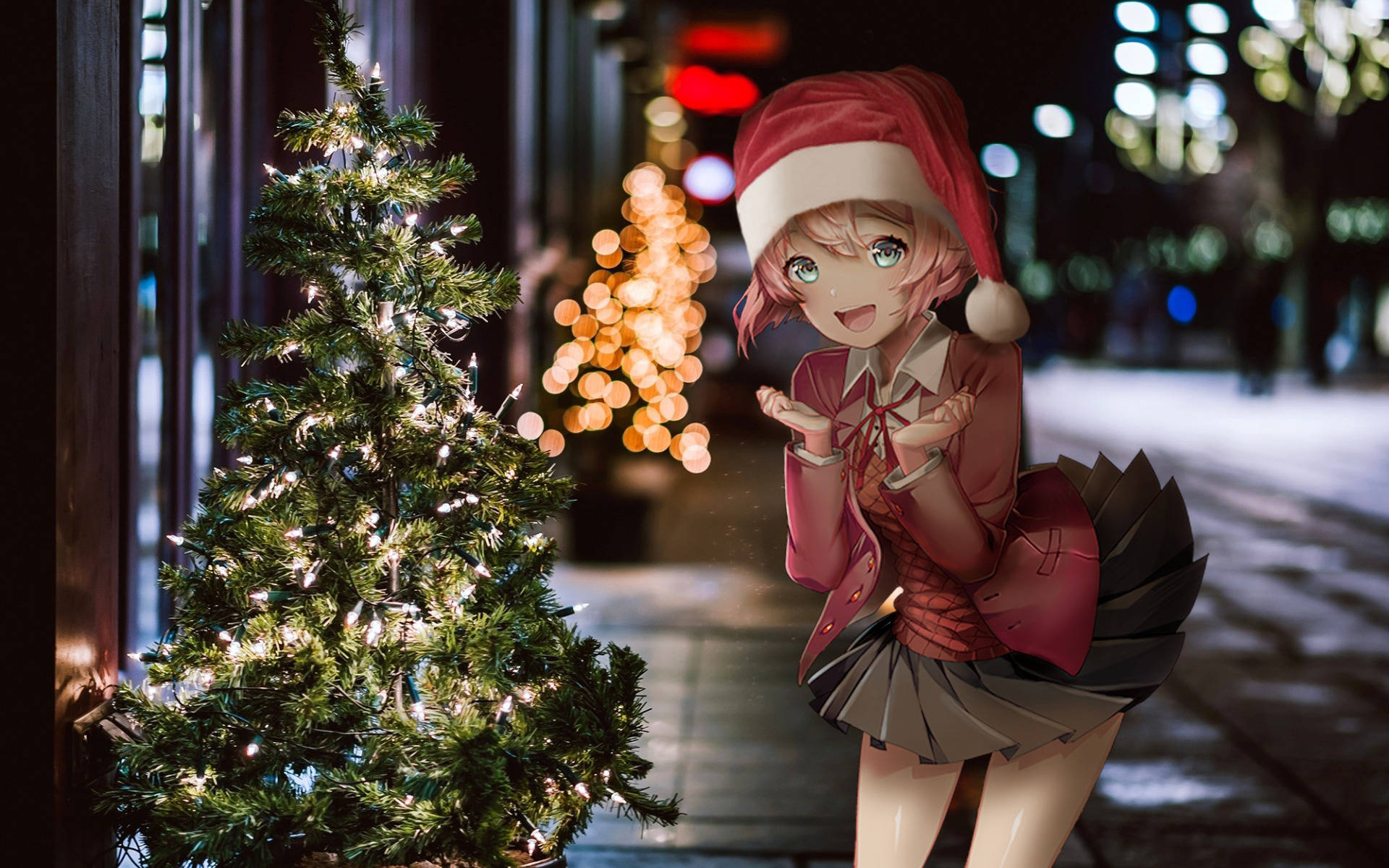 聖誕樹動畫 桌布 壁紙 — 一個戴著聖誕老人帽的開朗動漫女孩在夜晚的節日城市街道上，微笑地站在閃爍的聖誕樹旁。
