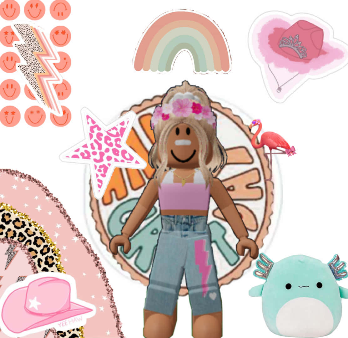 Preppy Roblox 桌布 壁紙 — 一個戴著花冠和牛仔短褲的快樂Roblox頭像，周圍環繞著粉紅色火烈鳥、軟綿綿、彩虹和笑臉貼紙。