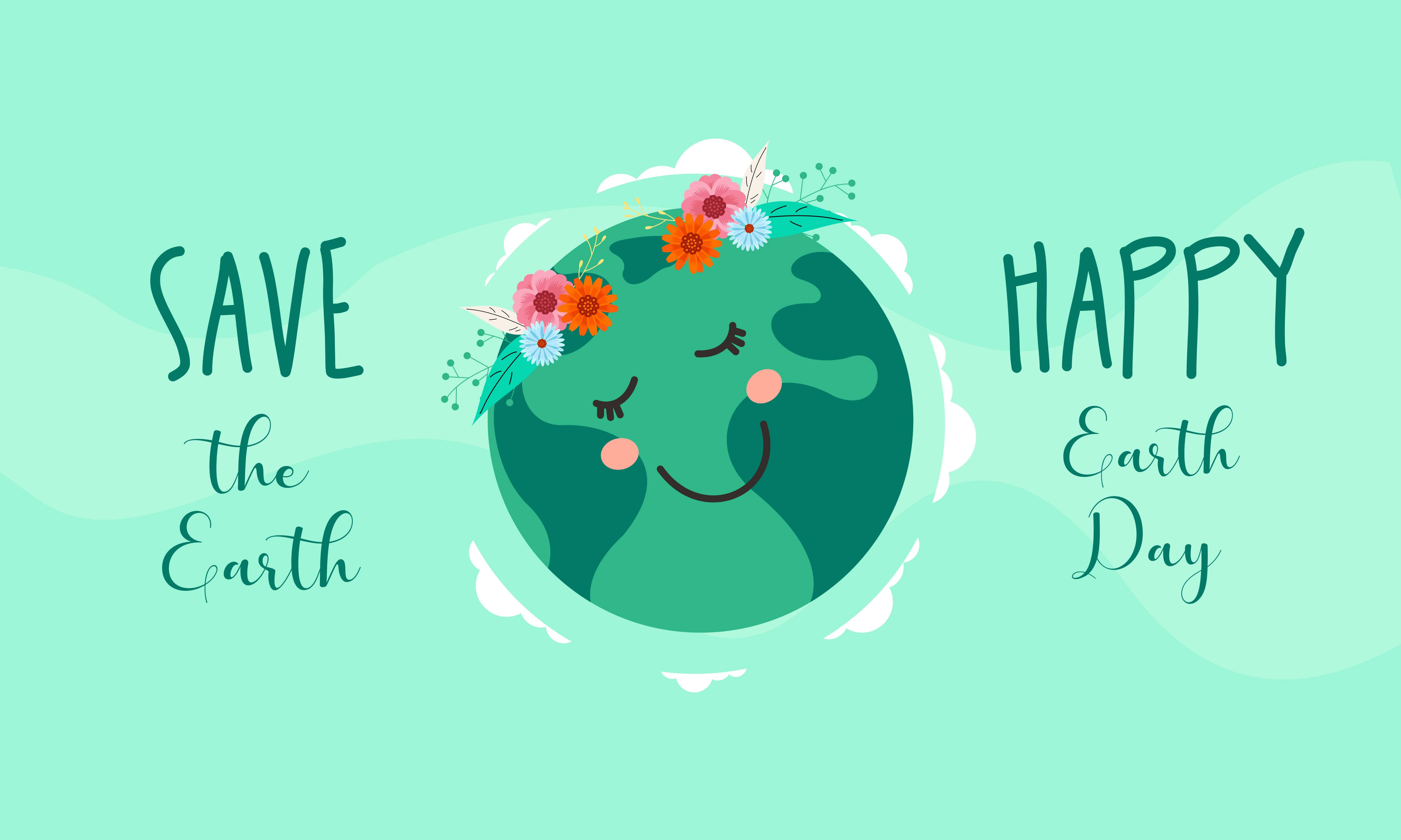 世界地球日 桌布 壁紙 — 一個戴著花冠的快樂卡通地球，在柔和的薄荷色背景上，被慶祝地球日的文字包圍著微笑。