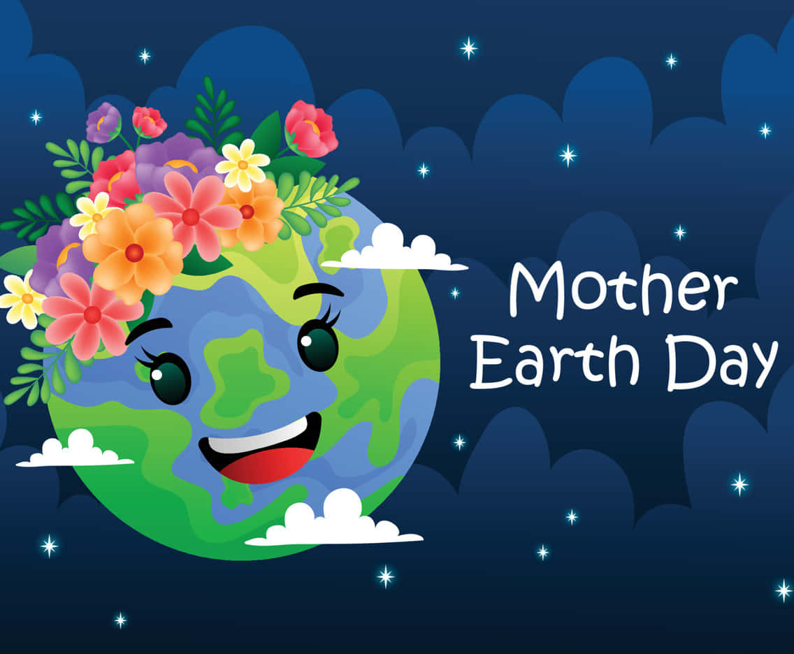 世界地球日 桌布 壁紙 — 一個戴著花冠的快樂卡通地球在星空下微笑，旁邊有「Mother Earth Day」文字。