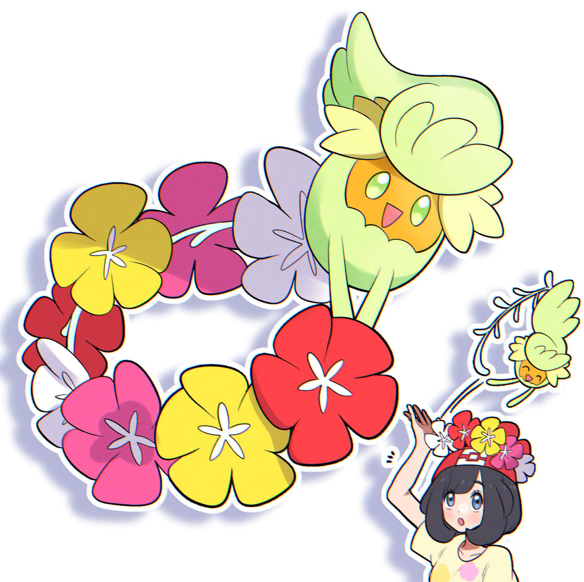 寶可夢 桌布 壁紙 — 一個戴著花冠的開朗動畫女孩，愉快地與一個大型花卉生物和一個細小的飛行花卉夥伴互動。