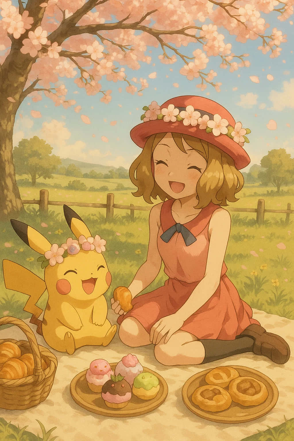 Pikachu HD Wallpaper WEBP 4K Background Download 壁紙 — 一個戴著花帽子的快樂女孩在盛開的櫻花樹下與微笑的皮卡丘分享糕點。