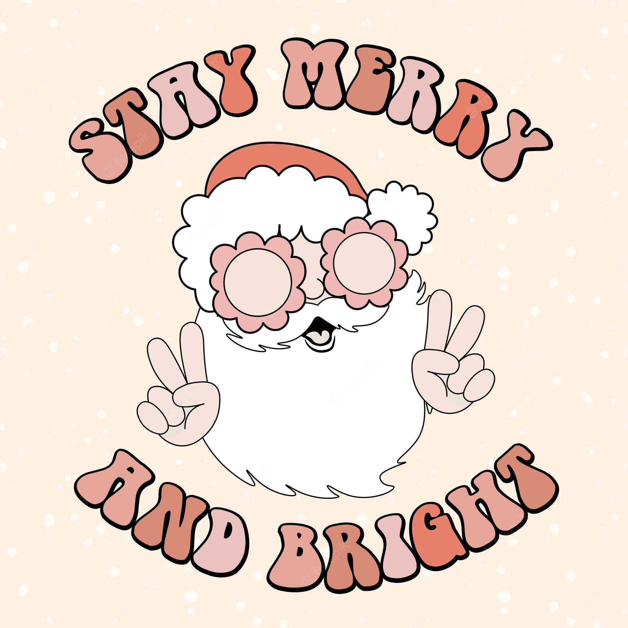 Santa Claus 桌布 壁紙 — 一個戴著花形太陽眼鏡和和平手勢的快樂聖誕老人，被節日文字環繞在柔和的粉紅色背景上。