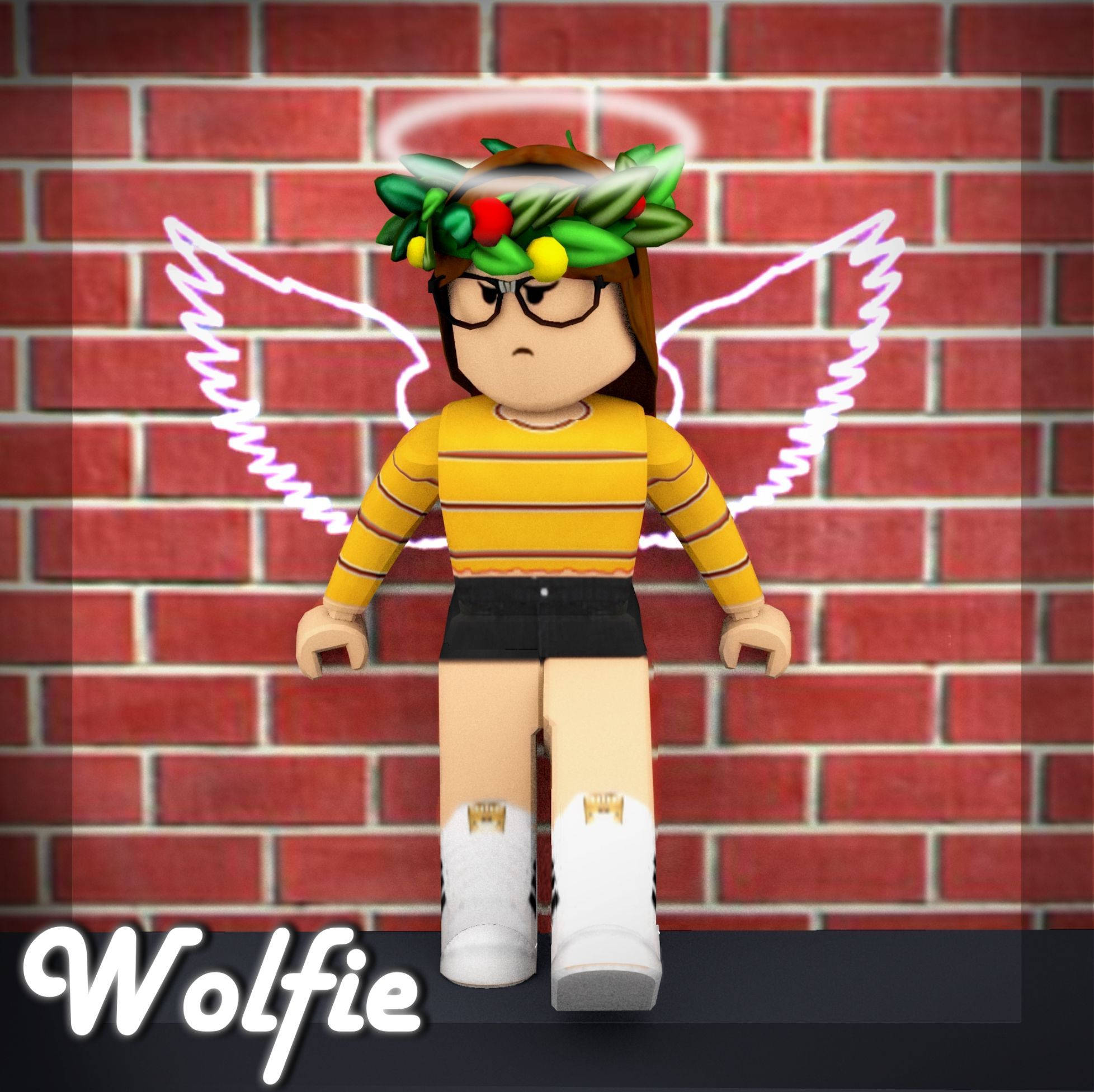 Roblox Girl 桌布 壁紙 — 一個戴著花環和發光翅膀的Roblox角色站在紅磚牆前，穿著黃色條紋襯衫和白色運動鞋。