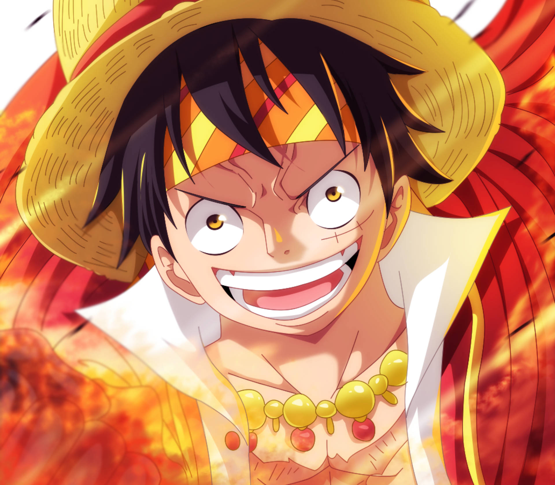 Anime Profile 桌布 壁紙 — 一個戴著草帽、咧嘴大笑的火熱動漫角色，在熾熱的橙色背景前散發出強烈的能量。
