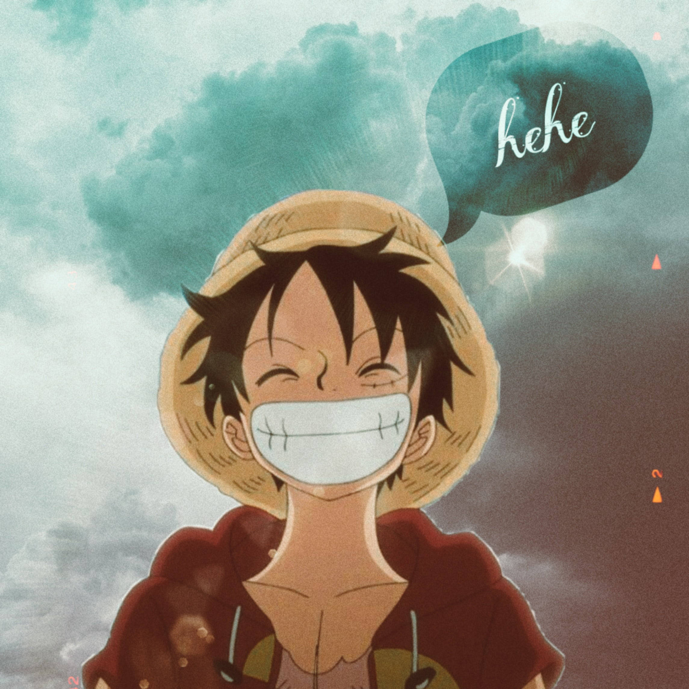 luffy smile 桌布 壁紙 — 一個戴著草帽、嘴巴縫線的開朗動畫男孩，在陰暗的青綠色天空下，帶著「嘿嘿」對話框開懷大笑。