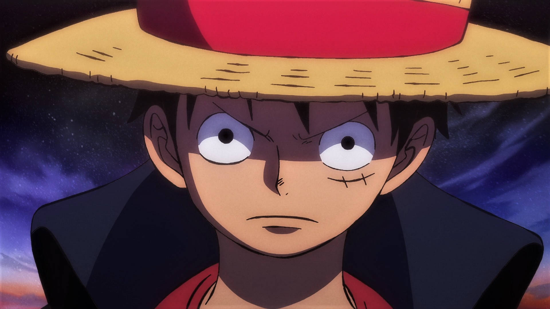 luffy 4K 桌布 壁紙 — 一個戴著草帽、意志堅定的動畫男孩，在星光燦爛的暮色天空中凝視著。