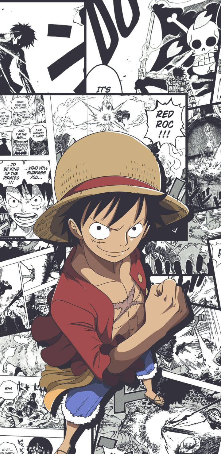 One Piece Phone 桌布 壁紙 — 一個戴著草帽、穿著紅色襯衫的堅定動漫男孩，站在畫面中央，背景是混亂的黑白漫畫面板拼貼。