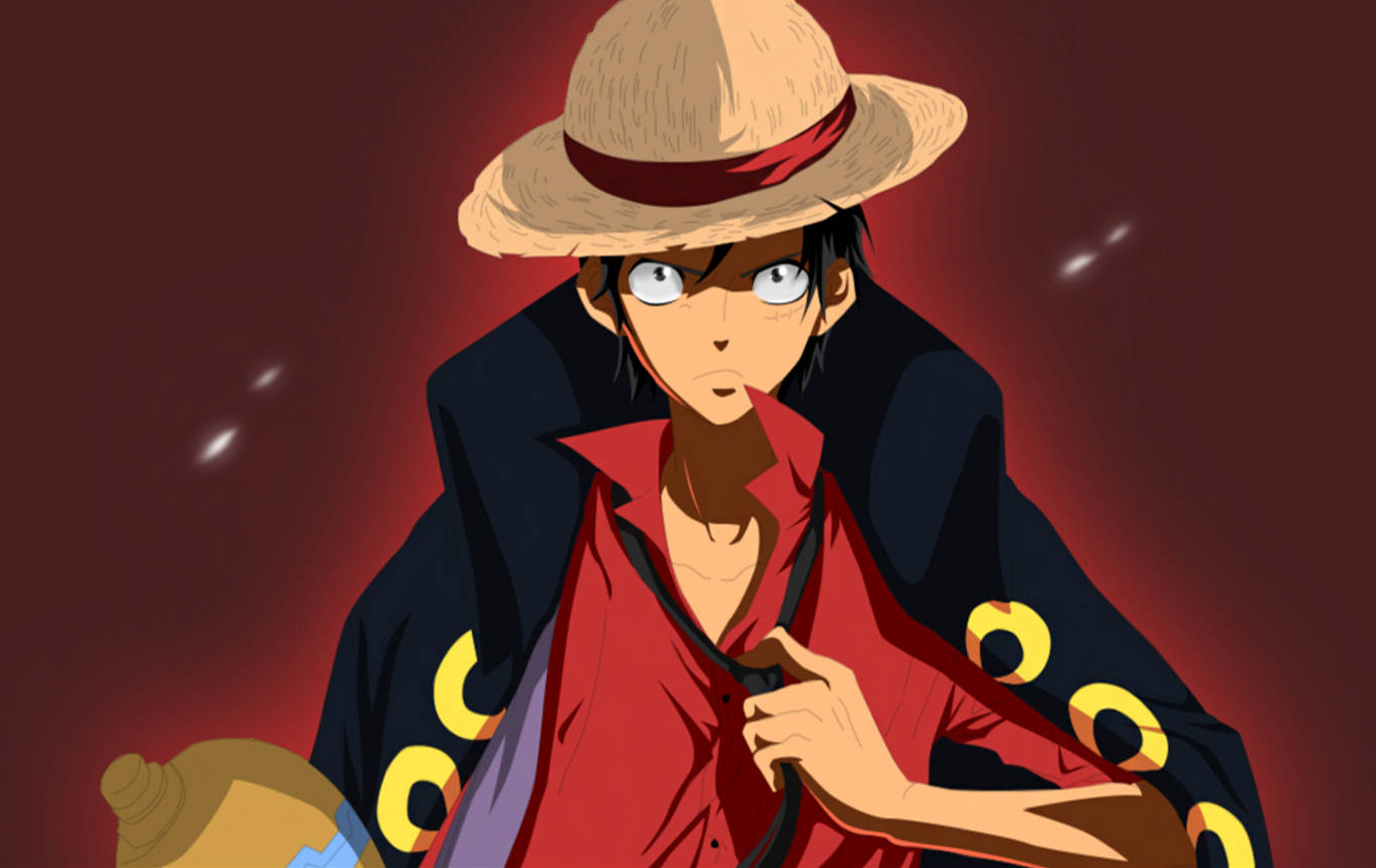 Luffy 桌布 壁紙 — 一個戴著草帽、身穿紅衫的堅定動畫海盜，站在帶有漂浮粒子的發光紅色背景前。