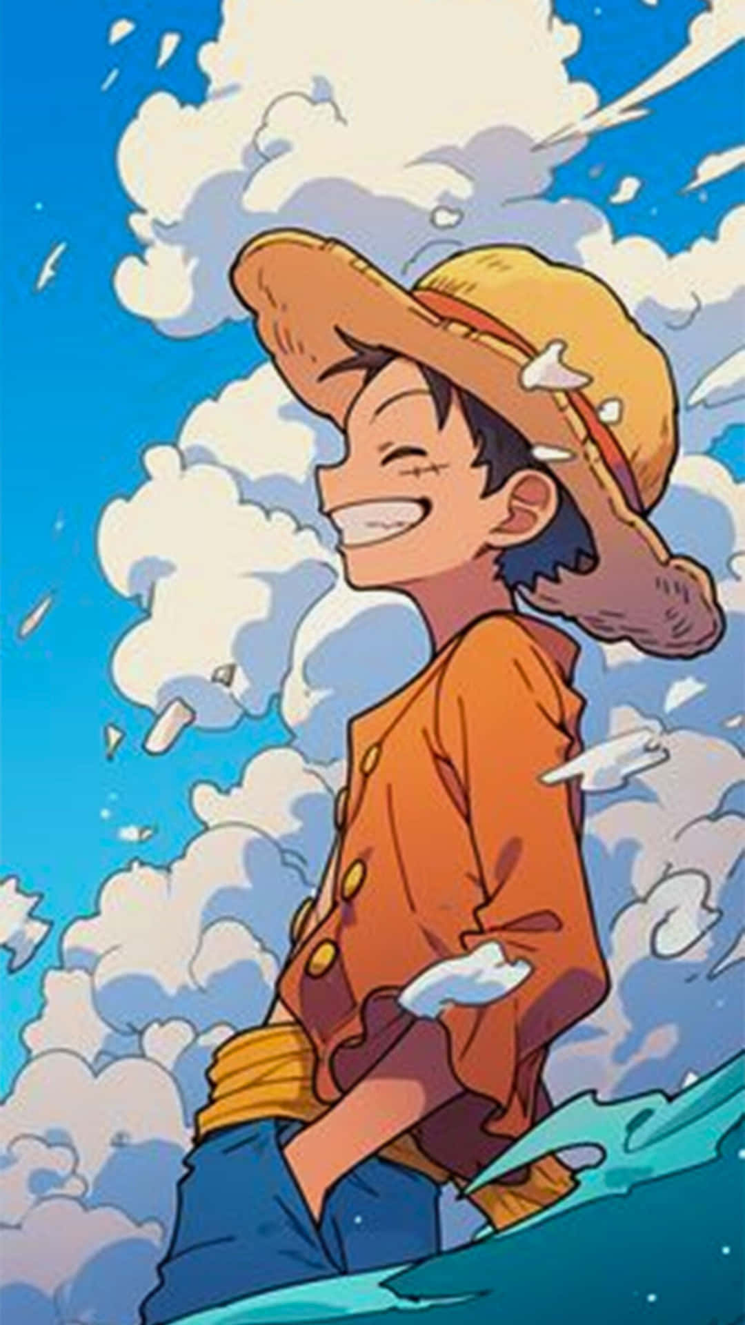 luffy smile 壁紙 — 一個戴著草帽和橙色外套的開朗動畫男孩，在充滿蓬鬆白雲的明亮藍天下開懷大笑。