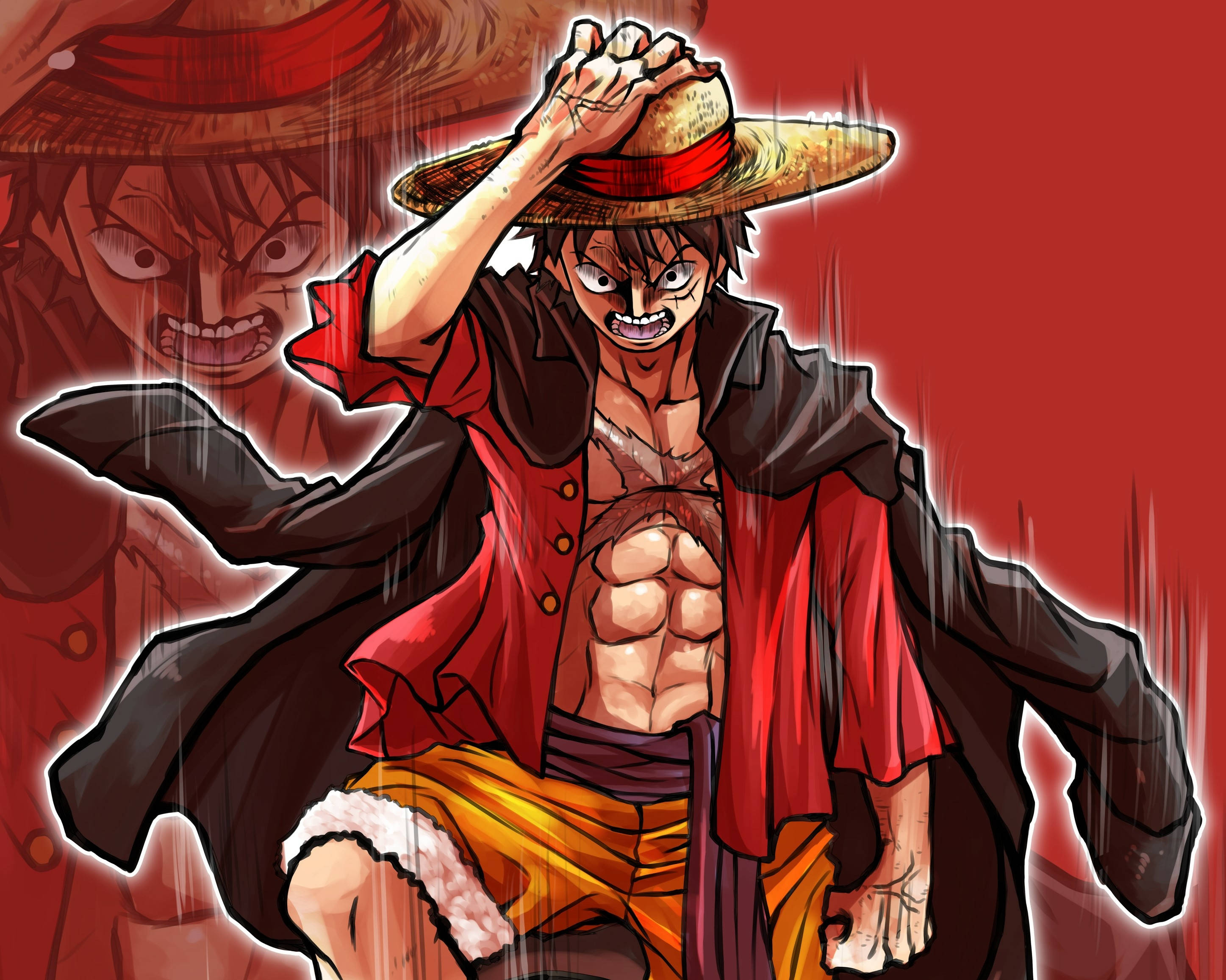 luffy 4K 桌布 壁紙 — 一個戴著草帽和紅色外套的兇猛動漫海盜，在血紅色的背景下，挑釁地站在風暴中。