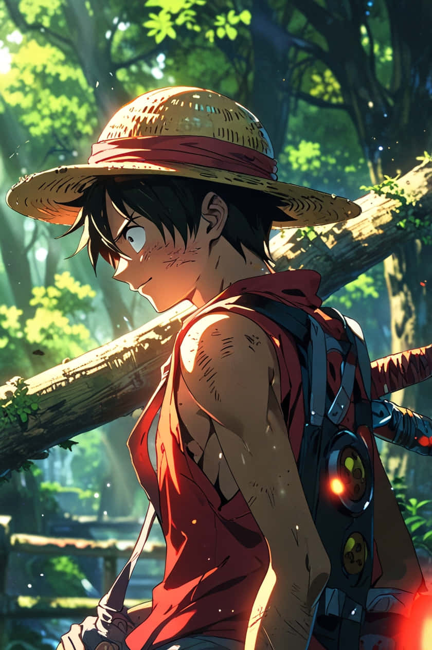 Sunlight and Shadows The Pirate's Journey 壁紙 — 一個戴著草帽和紅色背心的年輕動漫男孩，腰間掛著發光的餘燼，在陽光明媚的森林中扛著一根木頭。