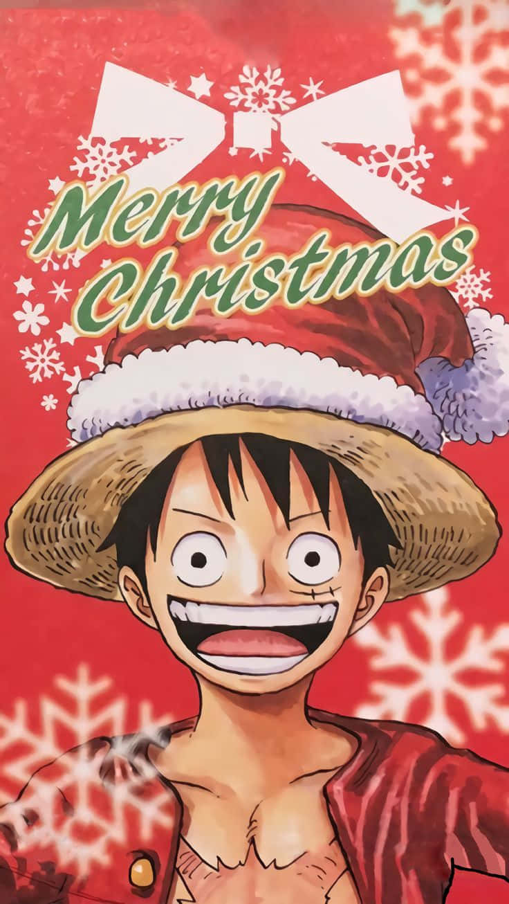 anime boys cute 桌布 壁紙 — 一個戴著草帽和聖誕帽的開朗動畫男孩，在帶有雪花和「Merry Christmas」文字的紅色背景上閃耀。