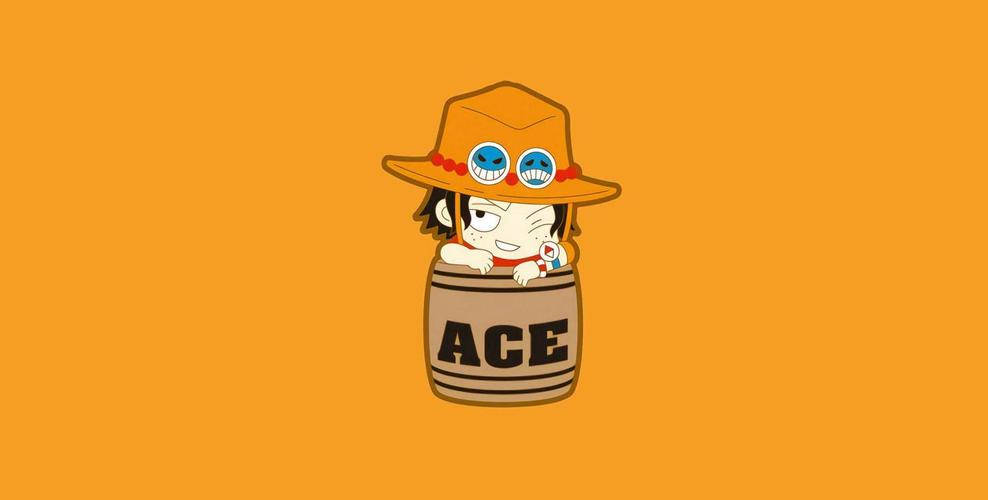 Ace 桌布 壁紙 — 一個戴著草帽和護目鏡的Q版動漫角色從一個標有ACE的桶中探出頭來，背景為純橙色。