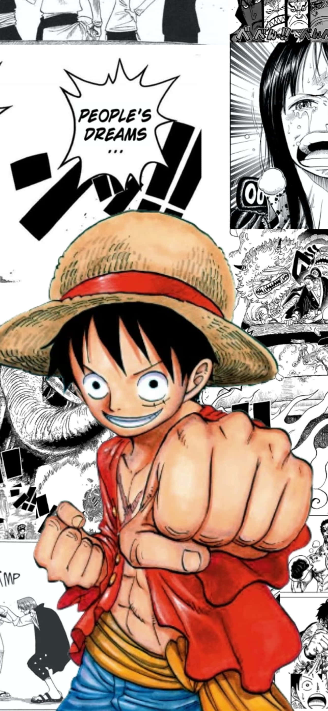 桌布 壁紙 — 一個戴著草帽的堅定動漫男孩，在黑白漫畫面板背景下，用紅色圍巾向前出拳。