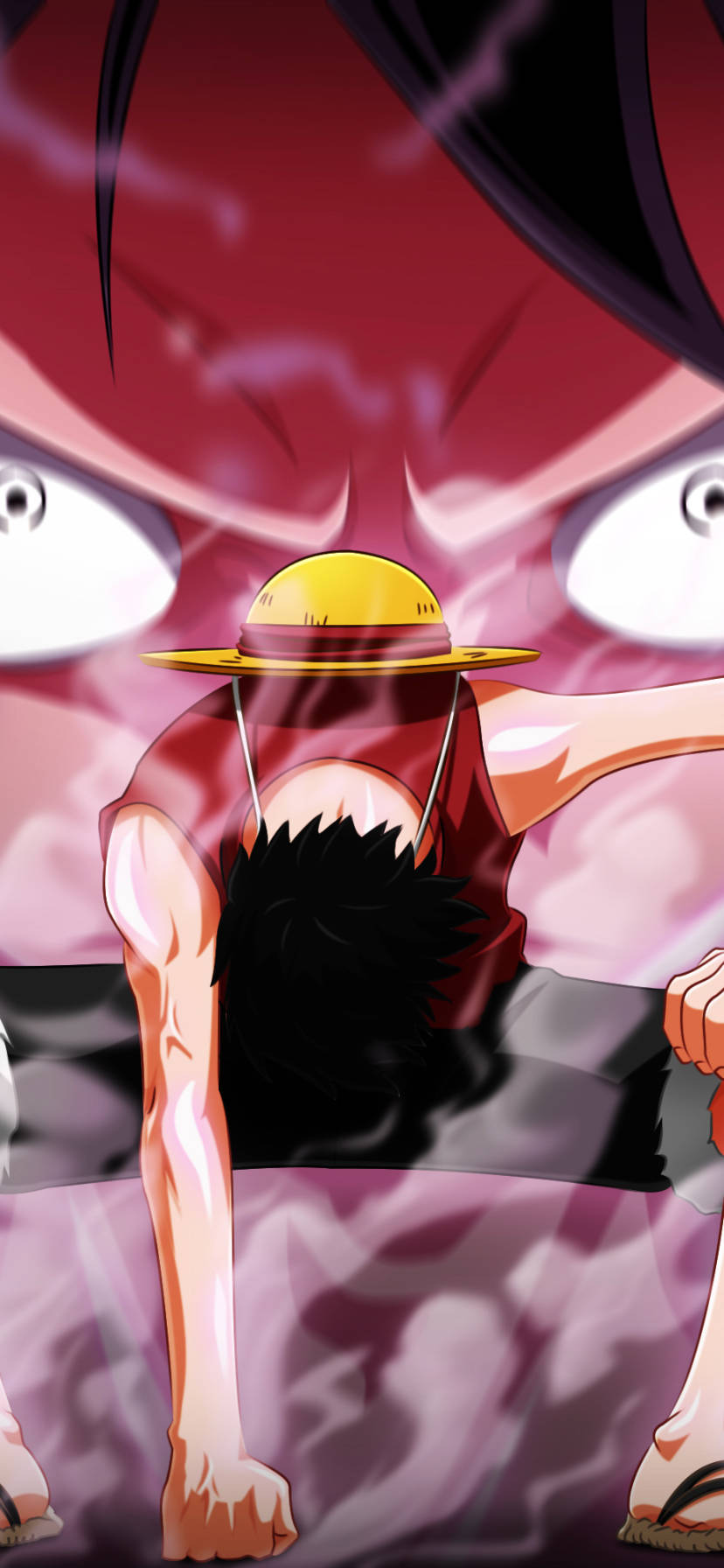 One Piece Phone 桌布 壁紙 — 一個戴著草帽的堅定動畫海盜，對著旋轉的紅色和紫色能量光環向前出拳。