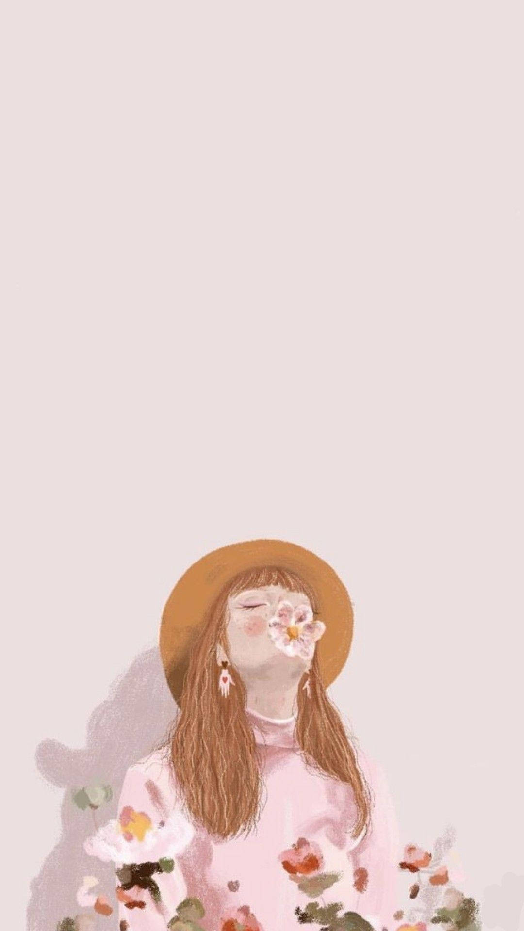 一個戴著草帽的女孩閉著眼睛聞著一朵花。 — 美少女動態圖 壁紙