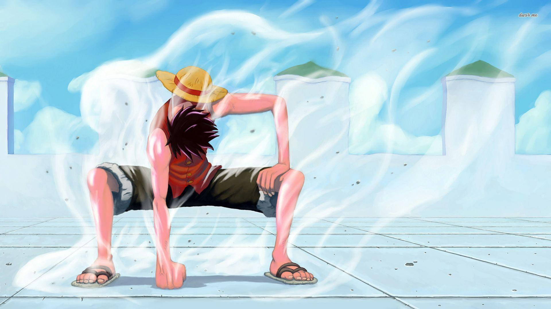 Luffy 桌布 壁紙 — 一個戴著草帽的年輕動畫海盜坐在瓦片屋頂上，在明亮的藍天下被旋轉的白色能量包圍。