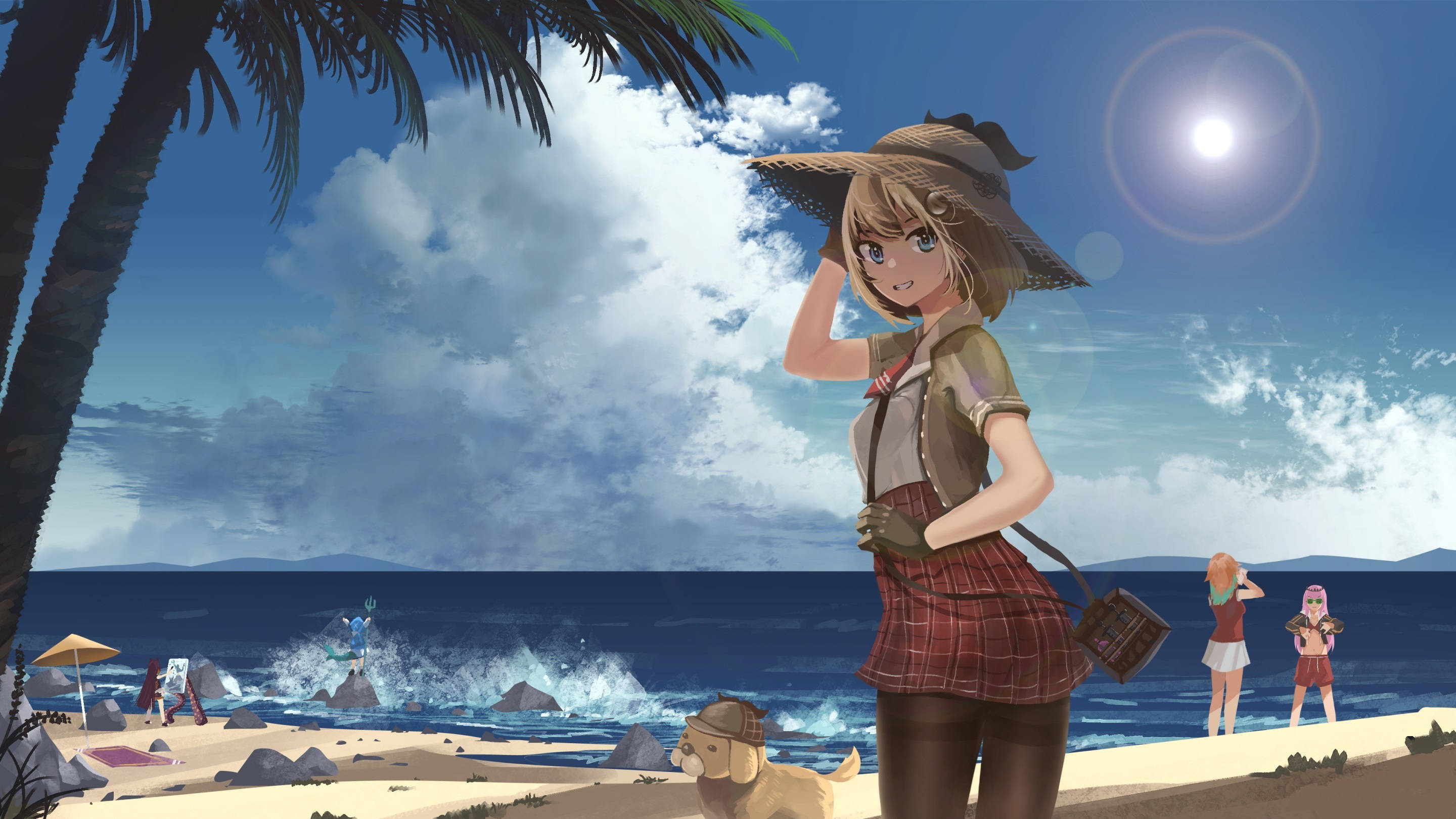 Amelia 桌布 壁紙 — 一個戴著草帽的開朗動漫女孩站在陽光明媚的海灘上，附近有棕櫚樹和拍打的海浪。