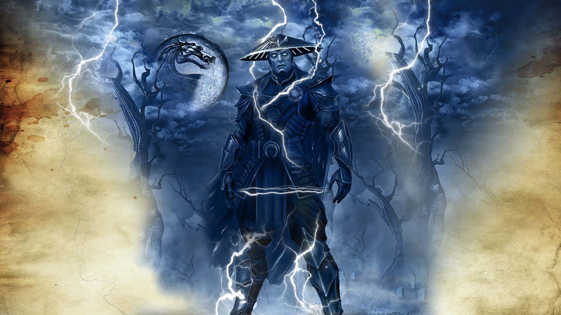 Mortal Kombat Raiden 桌布 壁紙 — 一個戴著草帽的黑暗裝甲戰士站在閃電和暴風雨的天空中，身後有一條龍月。