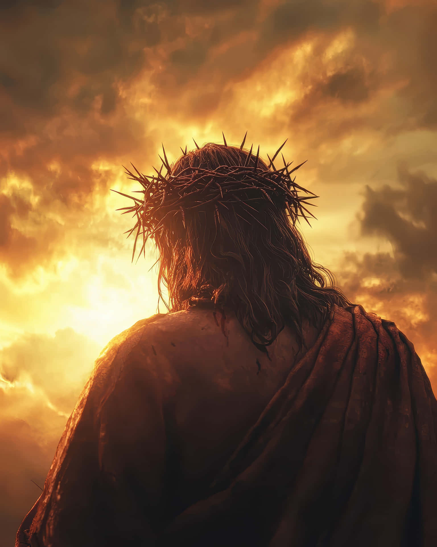 Crown of Thorns Silhouette Against a Dramatic Sunset Sky 壁紙 — 一個戴著荊棘冠冕的人物在火熱的金色日落天空背景下以剪影站立。