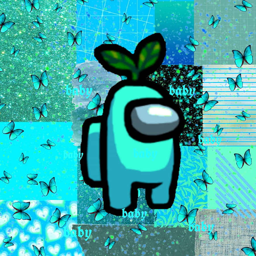 Among US Blue 桌布 壁紙 — 一個戴著葉子帽子的青色Among Us角色站在中央，背景是充滿蝴蝶和「baby」文字的藍色拼布圖案。