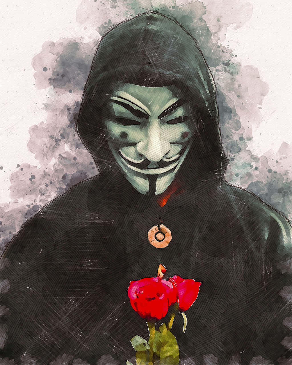 Mask 桌布 壁紙 — 一個戴著蓋伊·福克斯面具的兜帽人物，在潑水彩背景中拿著一朵鮮豔的紅玫瑰。