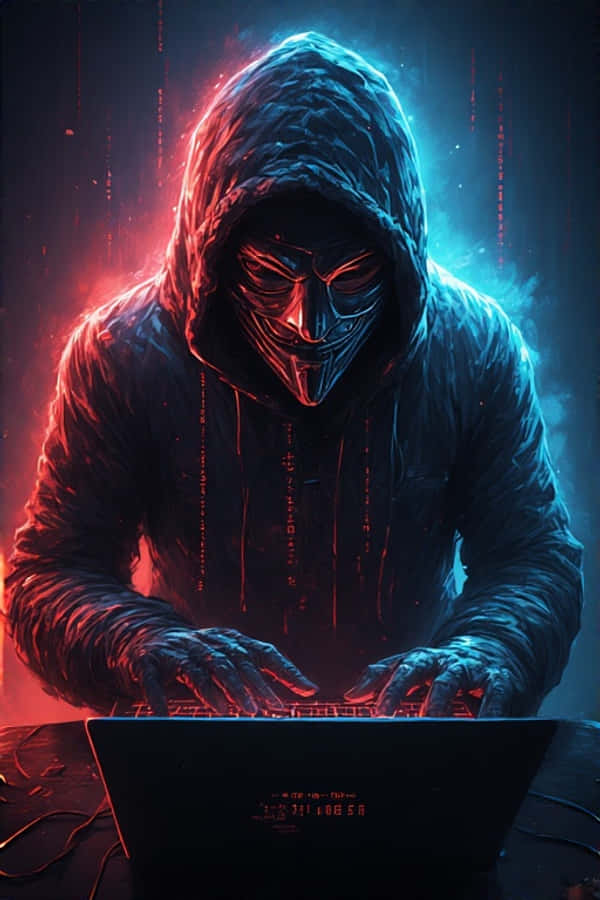 Anonymous Mask 桌布 壁紙 — 一個戴著蓋伊·福克斯面具的兜帽人物在筆記型電腦上瘋狂打字，紅色和藍色的霓虹數據流在他們周圍傾瀉而下。