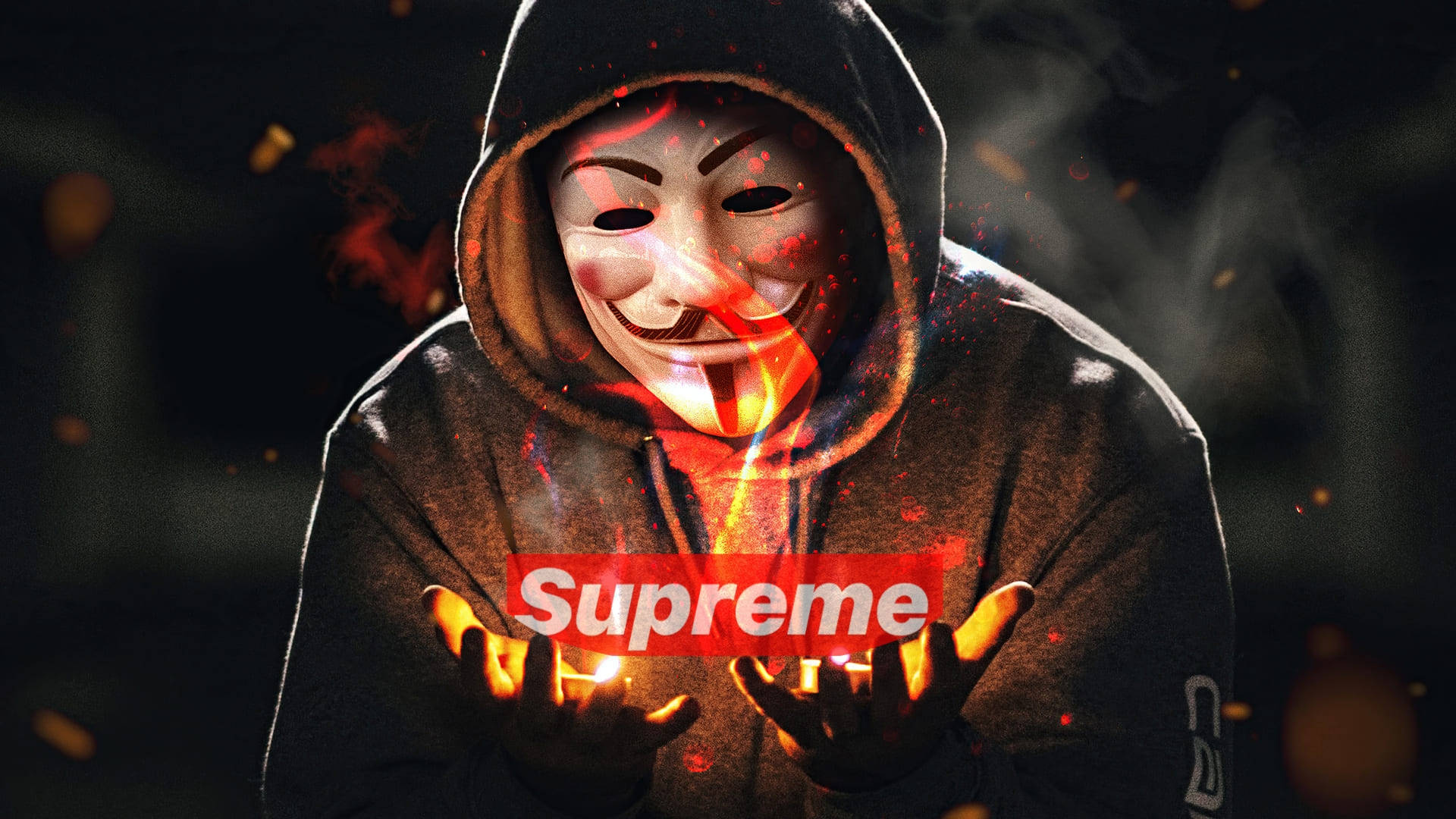 Cool Supreme 桌布 壁紙 — 一個戴著蓋伊·福克斯面具的兜帽人物手持燃燒的Supreme標誌，火花在黑暗煙霧繚繞的環境中飛舞。