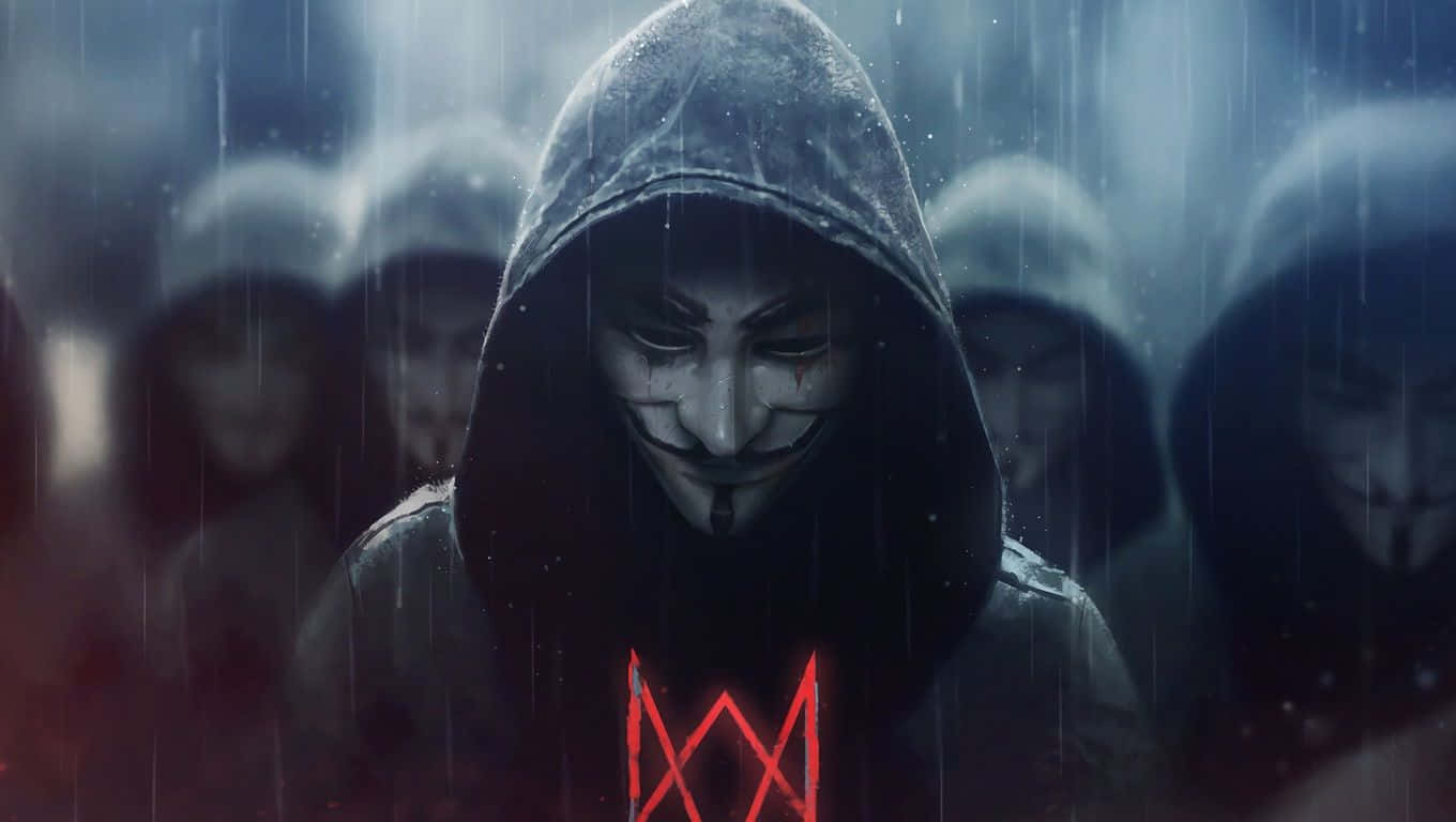 艾倫·沃克 桌布 壁紙 — 一個戴著蓋伊·福克斯面具的兜帽人物站在雨中，胸前有發光的紅色符號，周圍是模糊的蒙面人物。