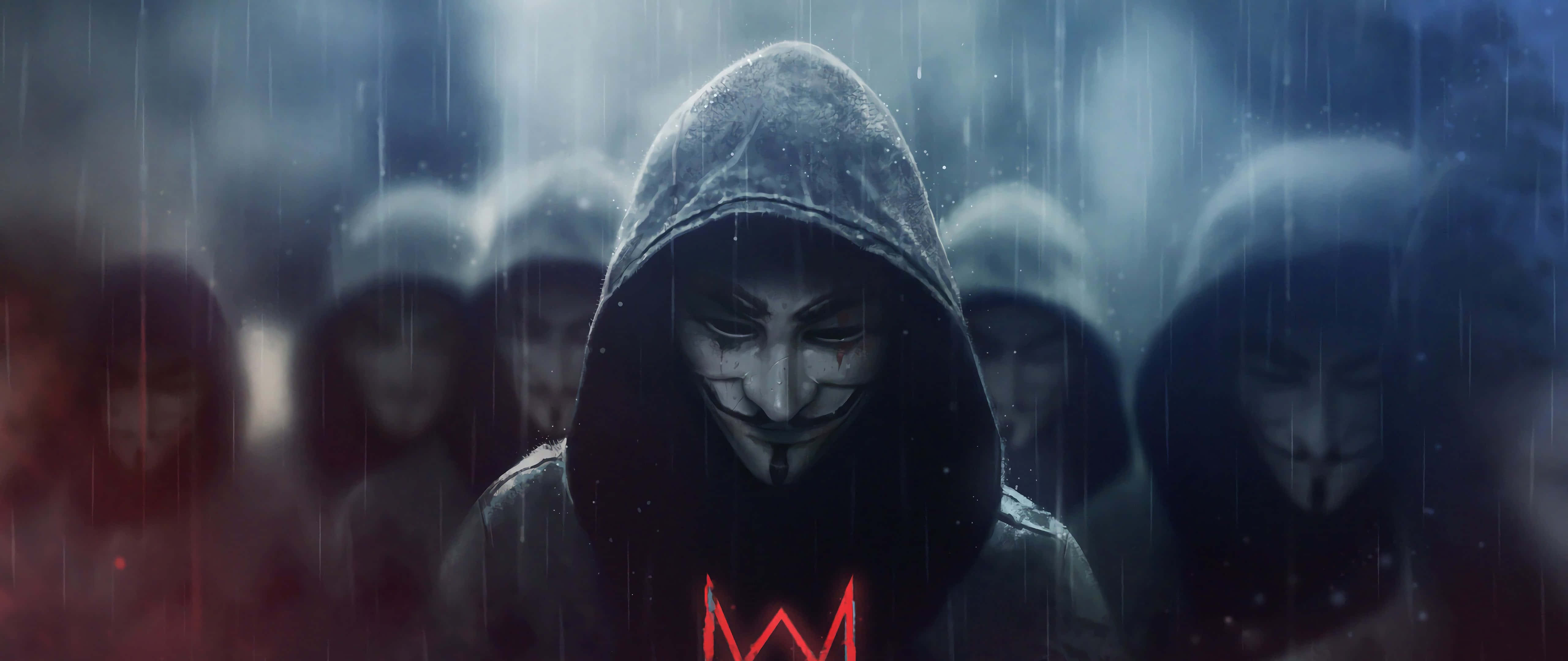 電玩遊戲 桌布 壁紙 — 一個戴著蓋伊·福克斯面具的兜帽人物站在雨中，身後有模糊的重影，胸前有發光的紅色符號。