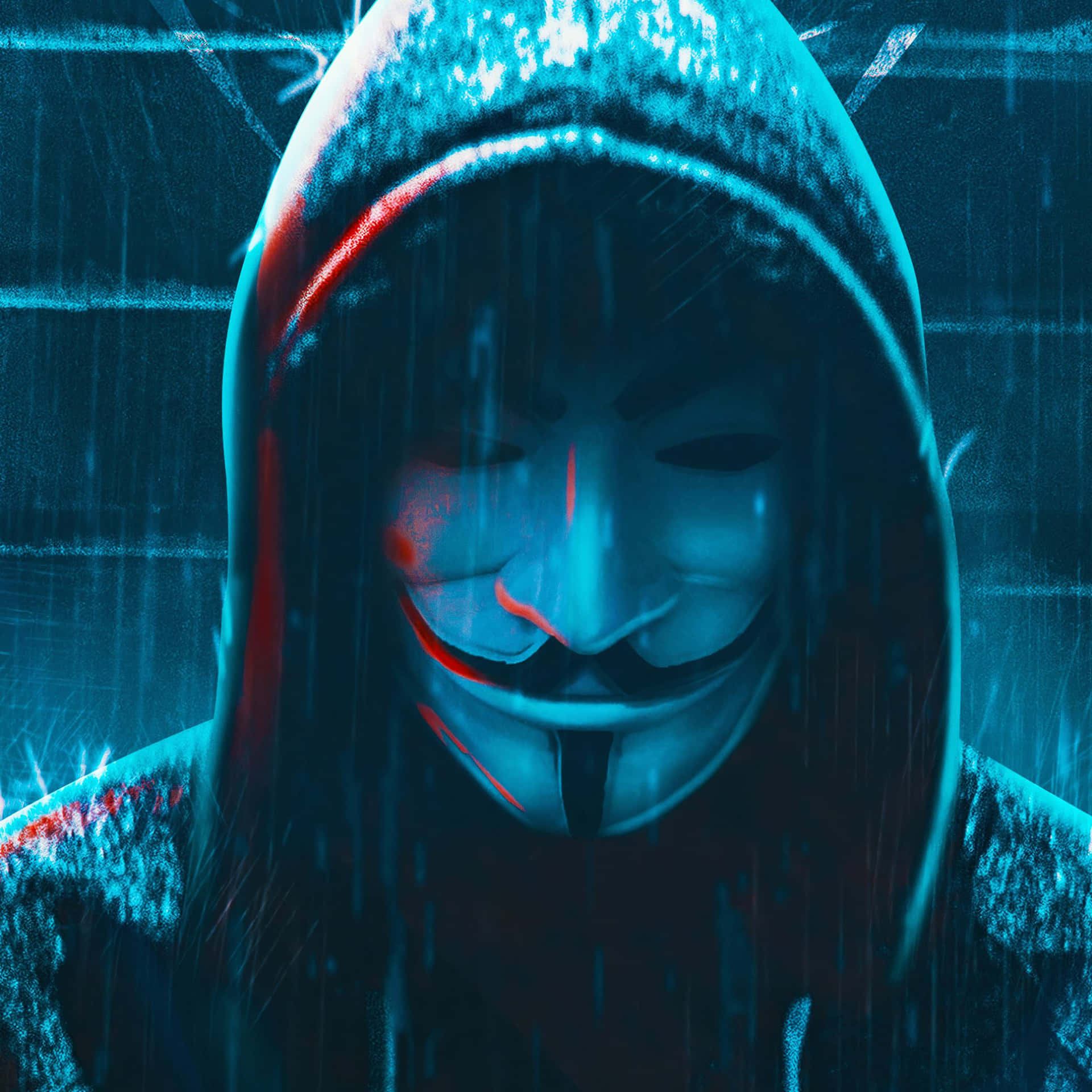霓虹燈下戴著蓋伊·福克斯面具的雨中匿名人物