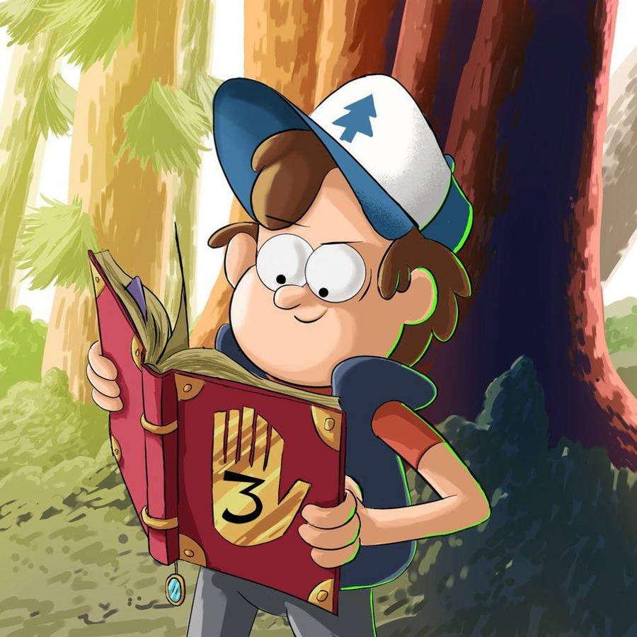 dipper pines 桌布 壁紙 — 一個戴著藍白帽子的卡通男孩在陽光明媚的森林裡讀著一本帶有手部符號的紅色書。