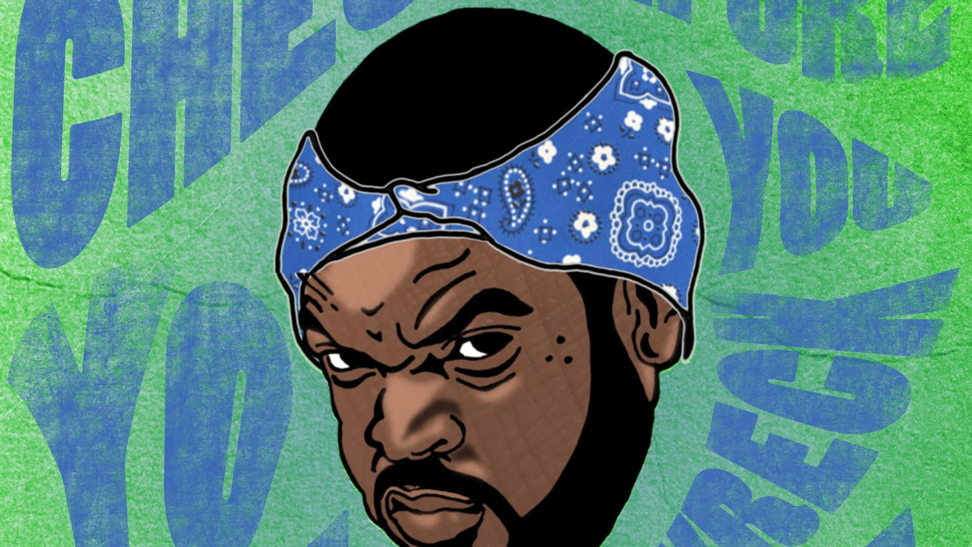 Black History 桌布 壁紙 — 一個戴著藍色圖案頭巾的男人的風格化插圖，背景為綠色，帶有粗體藍色文字。
