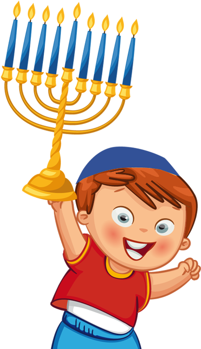 Menorah 桌布 壁紙 — 一個戴著藍色基帕的快樂卡通男孩自豪地舉起一個金色的九枝藍色蠟燭點燃的 menorah。