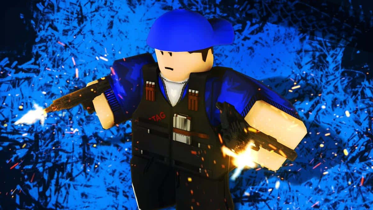 槍枝 桌布 壁紙 — 一個戴著藍色帽子和戰術背心的Roblox角色，在充滿活力的藍色碎玻璃背景下雙持手槍射擊。