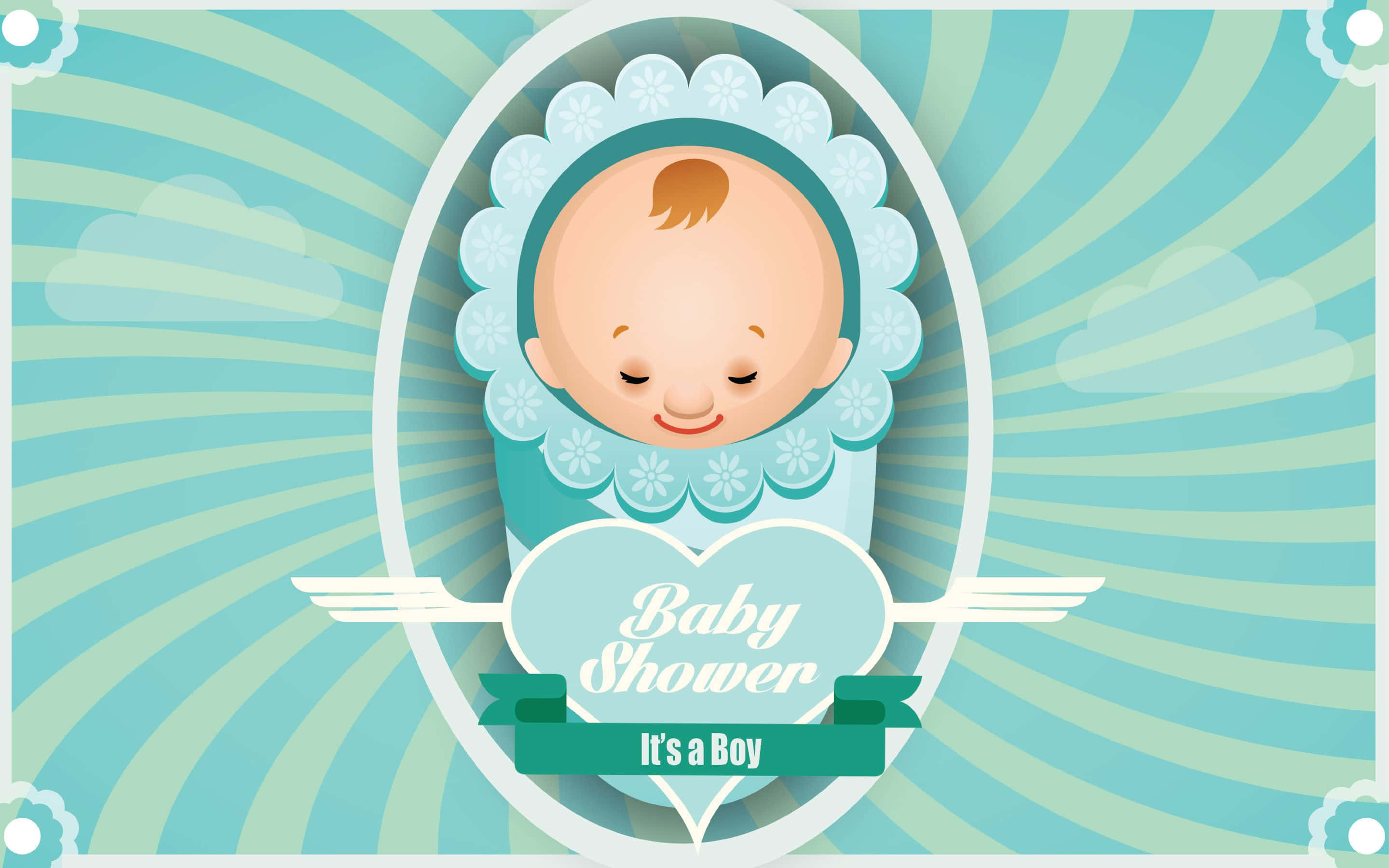 Baby Shower 桌布 壁紙 — 一個戴著藍色帽子的快樂男嬰，在燦爛的藍綠色橢圓框內，對著陽光背景微笑。