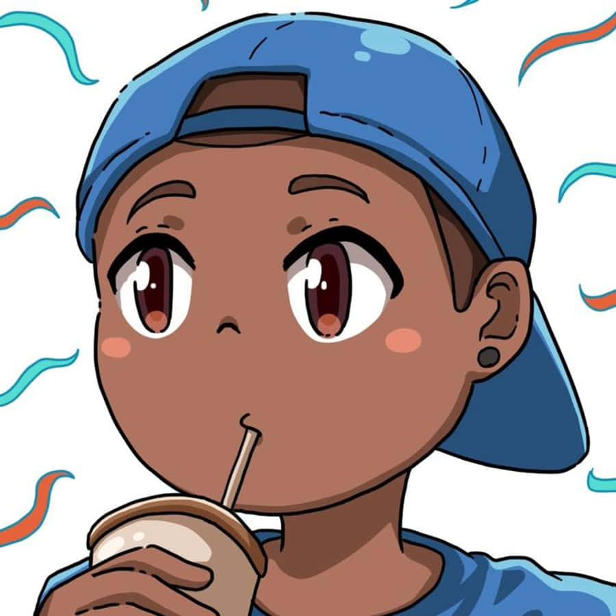 Good TikTok Profile 桌布 壁紙 — 一個戴著藍色帽子的開朗動漫風格小孩，在色彩繽紛的波浪背景前用吸管啜飲飲料。