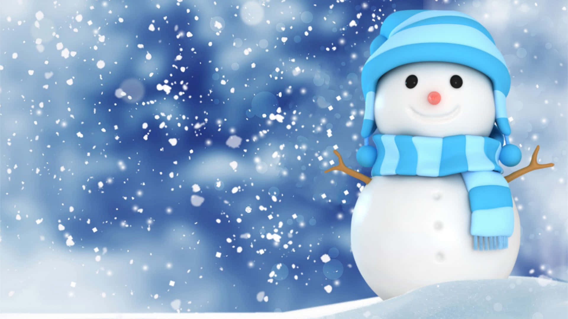 聖誕節 桌布 壁紙 — 一個戴著藍色條紋帽子和圍巾的快樂雪人站在飄雪中，背景是冬日藍色。