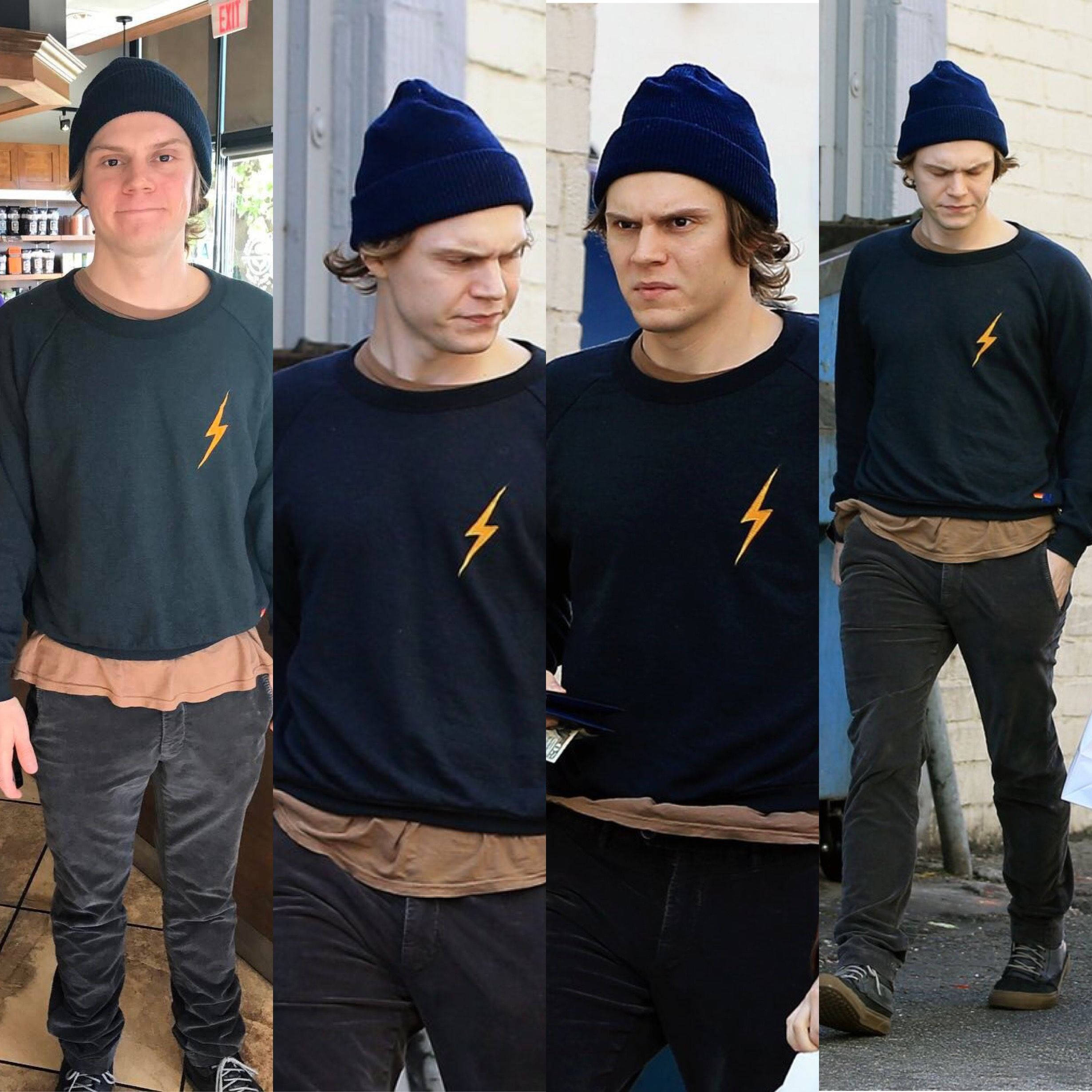Tate Langdon 桌布 壁紙 — 一個戴著藍色毛帽、身穿帶有黃色閃電圖案的深色連帽衫的男人，在四張隨拍中走過城市環境。