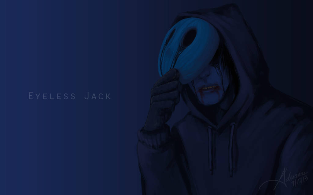 Eyeless Jack 桌布 壁紙 — 一個戴著藍色無眼面具的威脅性兜帽人物，在深藍色背景前將其貼在臉上。